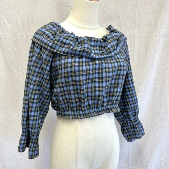 Stefano vintage 90s flannel plaid off the shoulder cropped peasant top medium - Picture 11 of 14